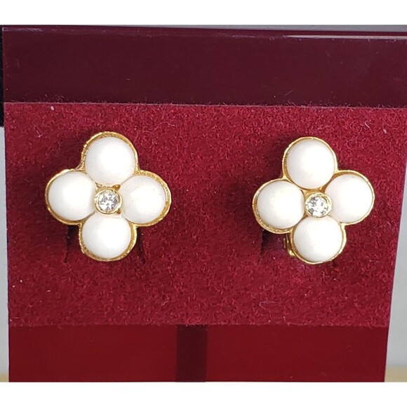 YOSCA Jewelry - Vintage 1960s Signed YOSCA Gold Tone Crystal & White Cabochon Clip On Earrings